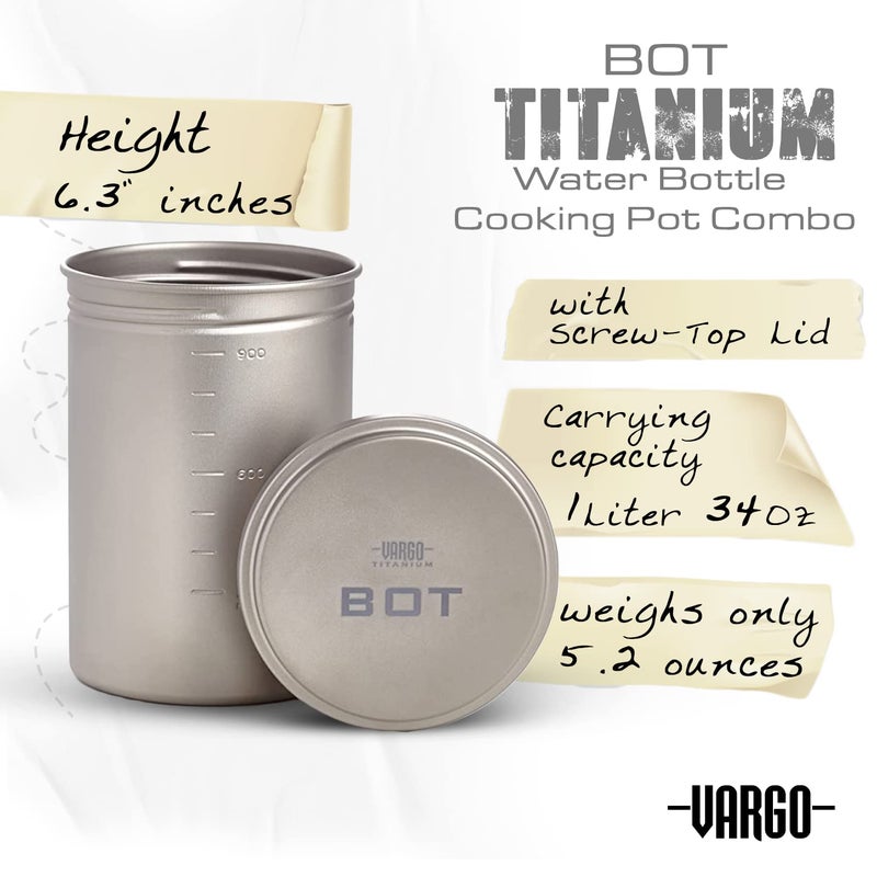 Vargo Titanium BOT Series | 1 Liter (34 oz.) Ultralight Water Bottle Cooking Pot Weighs 147 grams (5.2 oz.) | Backpacking Camping Multipurpose - Image 4